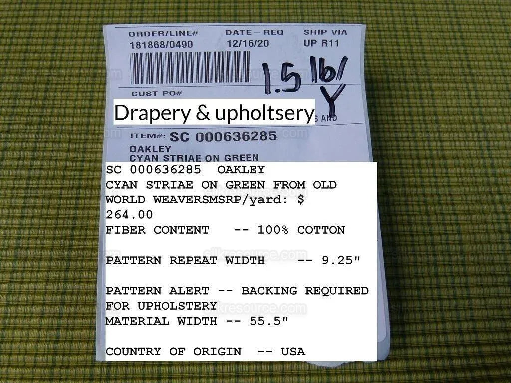 Scalamandre Oakley Cyan Striae On Green Cotton Heavy! MSRP USD 264/Y