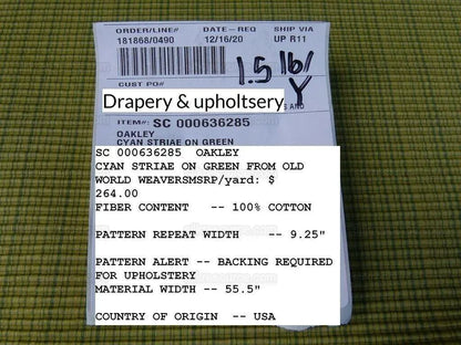 Scalamandre Oakley Cyan Striae On Green Cotton Heavy! MSRP USD 264/Y