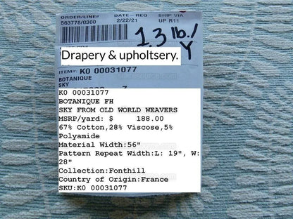Scalamandre Botanique Fh Leaf Sky Blue Fern Foliage Cotton MSRP USD 188/Y
