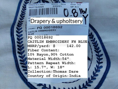 by yard Scalamandre Caitlin Embroidery Paisley Cotton Blue White MSRP USD142/Y