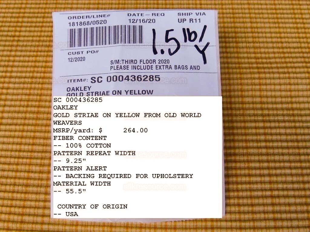 Scalamandre Oakley Gold Striae On Yellow Cotton Heavy MSRP USD 264/Y