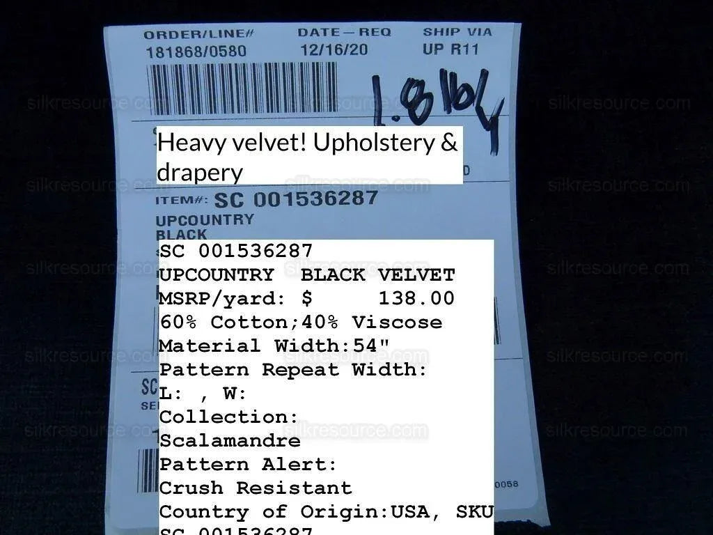 Scalamandre Upcountry Black Cotton Velvet MSRP USD 138/Yd