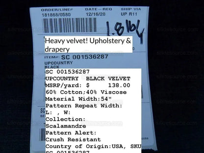 Scalamandre Upcountry Black Cotton Velvet MSRP USD 138/Yd
