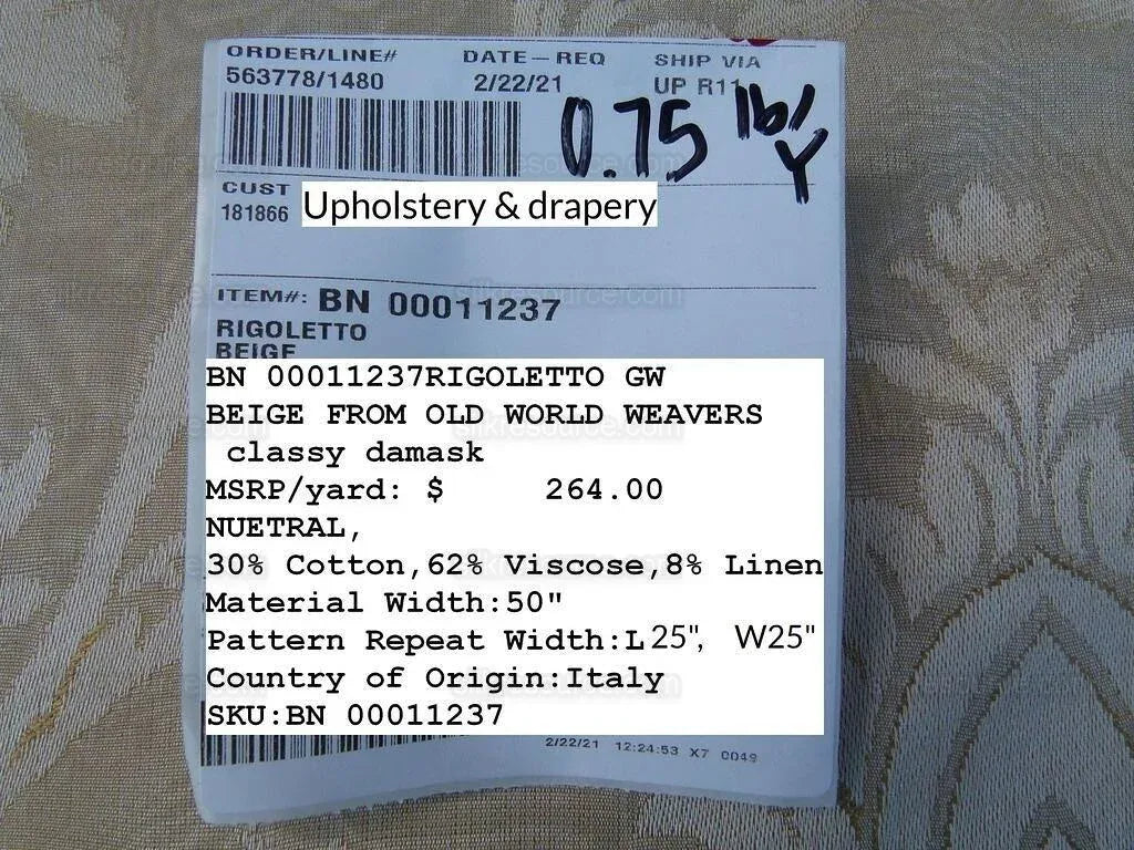 Scalamandre Rigoletto Classy Damask Grey Watkins Renaissance Cotton Linen Beige Tan Grey MSRP USD 264/Y