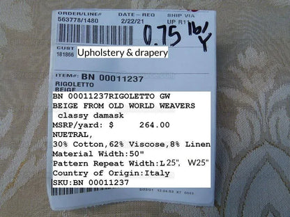 Scalamandre Rigoletto Classy Damask Grey Watkins Renaissance Cotton Linen Beige Tan Grey MSRP USD 264/Y