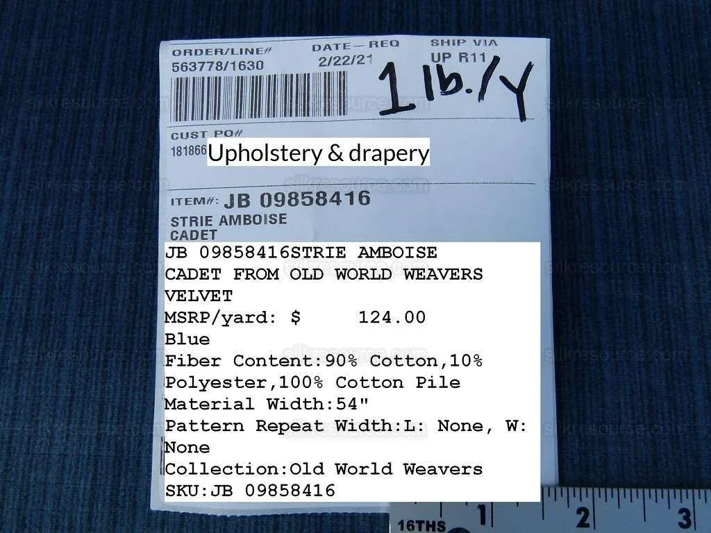 BY Yard Scalamandre Strie Amboise Cadet Blue Thick Lush Cotton Velvet MSRP USD 196/Yd