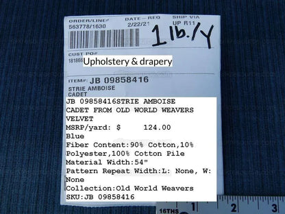 BY Yard Scalamandre Strie Amboise Cadet Blue Thick Lush Cotton Velvet MSRP USD 196/Yd