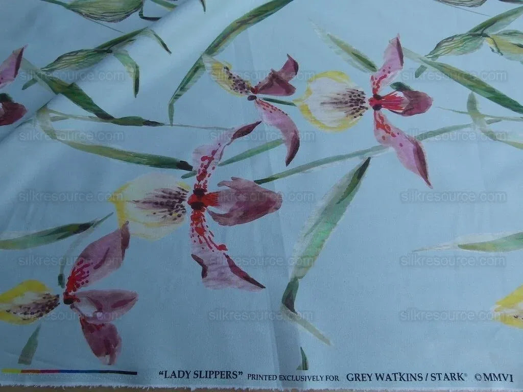 Scalamandre Grey Watkins Lady Slippers Orchid Print Blue Pink MSRP USD 236/Y
