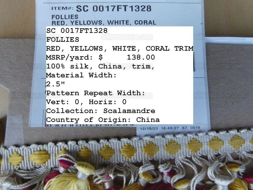 Scalamandre Silk Trim Follies Red Yellow White Coral Tassel Trim MSRP USD 260/Y