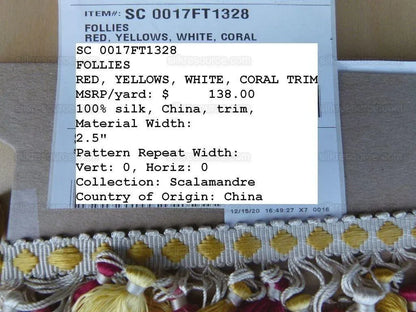 Scalamandre Silk Trim Follies Red Yellow White Coral Tassel Trim MSRP USD 260/Y