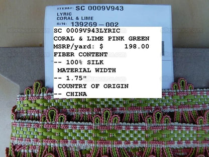 Scalamandre Silk Trim Lyric Coral & Lime Pink Green MSRP USD 198usd/