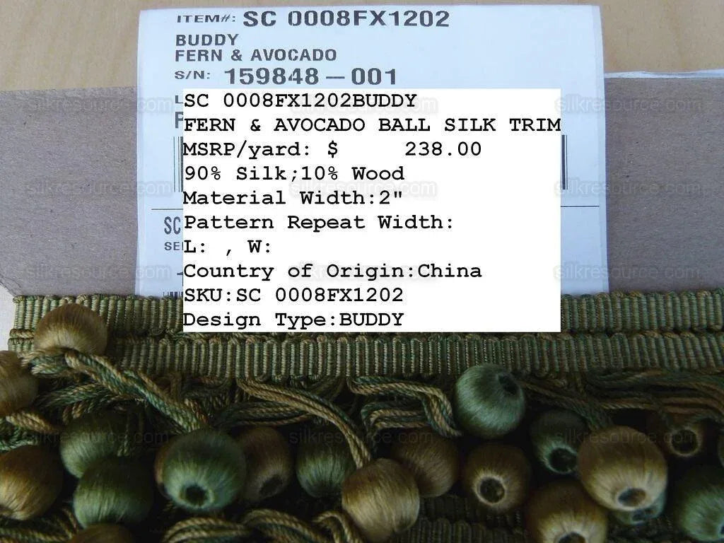 Scalamandre Buddy Fern &amp; Avocado Green Gold Ball Silk Trim Hand Made MSRP USD 238/y