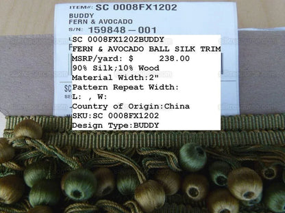 Scalamandre Buddy Fern &amp; Avocado Green Gold Ball Silk Trim Hand Made MSRP USD 238/y