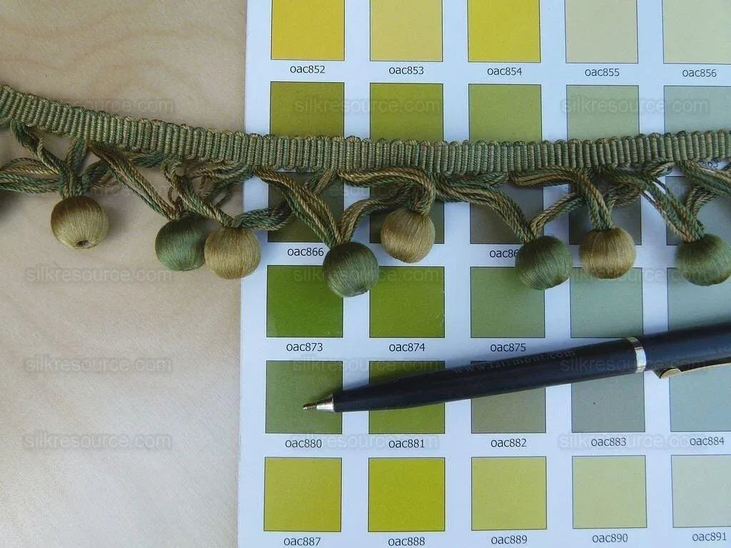 Scalamandre Buddy Fern &amp; Avocado Green Gold Ball Silk Trim Hand Made MSRP USD 238/y