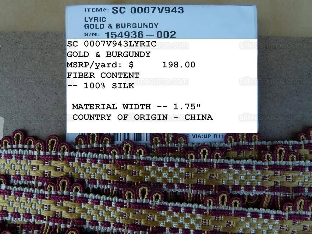 Scalamandre Silk Trim Lyric Gold Burgundy Red MSRP USD 198/y