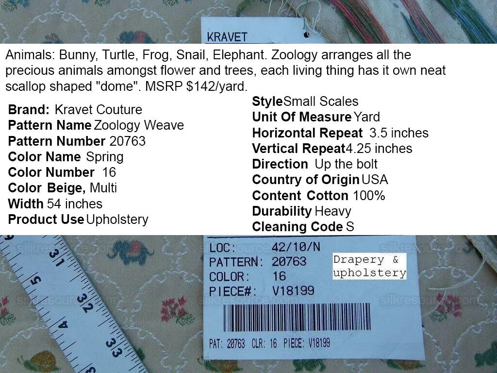 By Yd Kravet Zoology Weave Cotton Spring Animals Bunny Frog Elephant Snail Green Blue Pink on Tan MSRP USD 142/Y