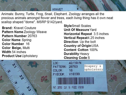 By Yd Kravet Zoology Weave Cotton Spring Animals Bunny Frog Elephant Snail Green Blue Pink on Tan MSRP USD 142/Y