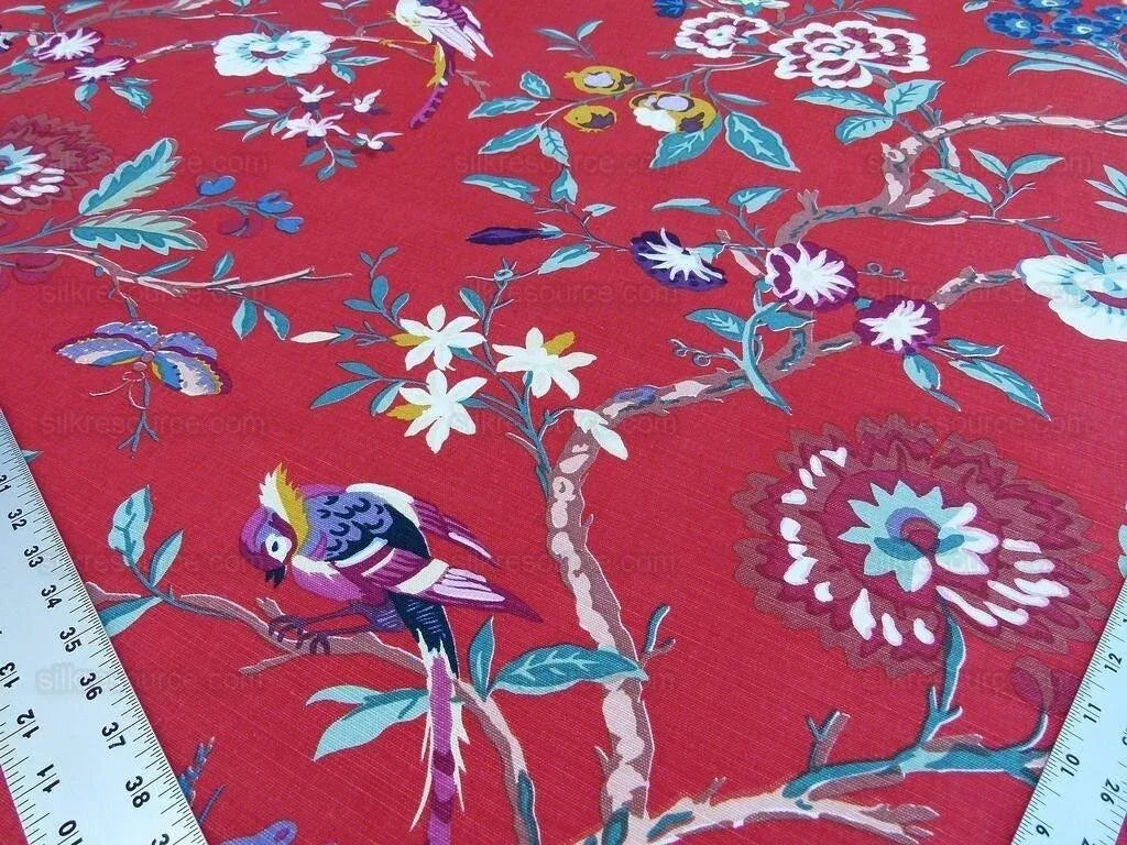 Bty Brunschwig &amp; Fils Amandine Red Chinioserie Bird Flower Tree of Life Print Chintz Cotton Linen