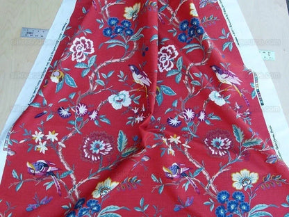 Bty Brunschwig &amp; Fils Amandine Red Chinioserie Bird Flower Tree of Life Print Chintz Cotton Linen