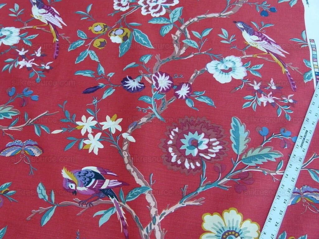 Bty Brunschwig &amp; Fils Amandine Red Chinioserie Bird Flower Tree of Life Print Chintz Cotton Linen