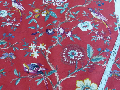 Bty Brunschwig &amp; Fils Amandine Red Chinioserie Bird Flower Tree of Life Print Chintz Cotton Linen