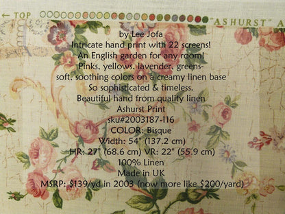 Bty Lee Jofa Ashurst Peony Tulip Lilac Rose 100%linen On Bisque English Chintz