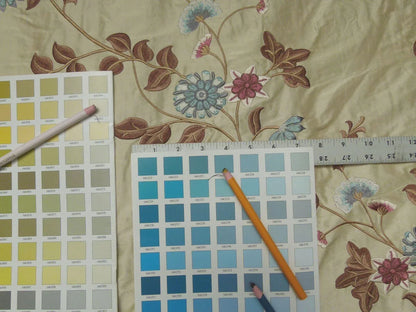 By Yd Gp&amp;j Baker Menotti Taupe/blue 100% Silk Embroidered Flora Vine Art Nouveau MSRP USD 268/y