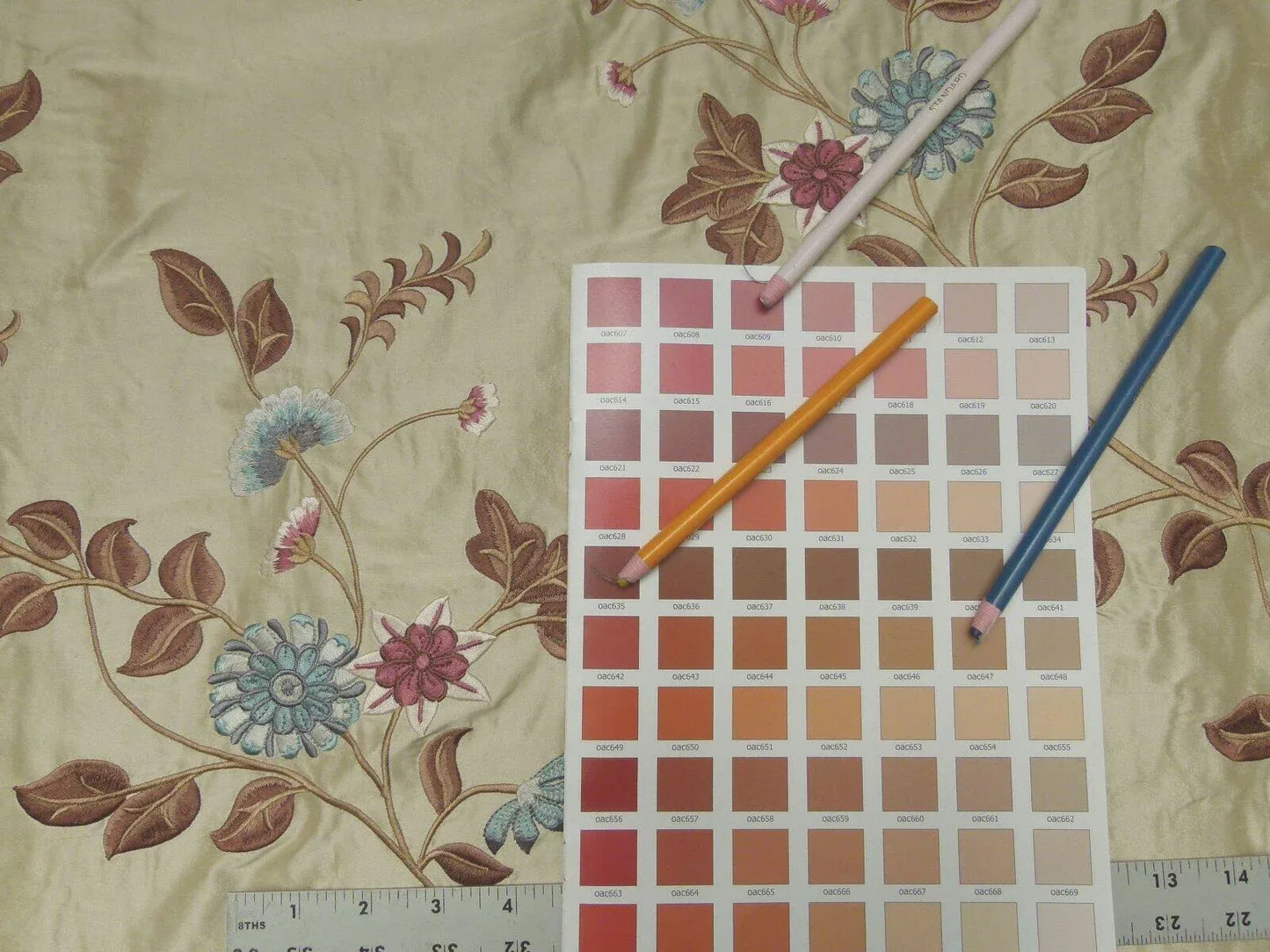 By Yd Gp&amp;j Baker Menotti Taupe/blue 100% Silk Embroidered Flora Vine Art Nouveau MSRP USD 268/y