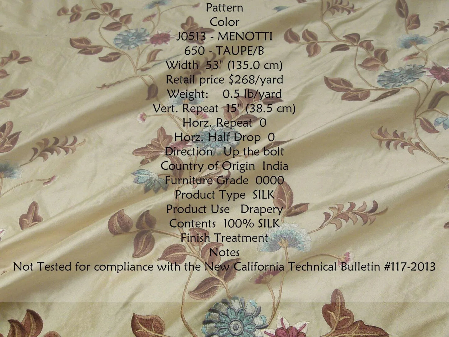 By Yd Gp&amp;j Baker Menotti Taupe/blue 100% Silk Embroidered Flora Vine Art Nouveau MSRP USD 268/y