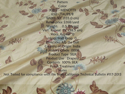 By Yd Gp&amp;j Baker Menotti Taupe/blue 100% Silk Embroidered Flora Vine Art Nouveau MSRP USD 268/y