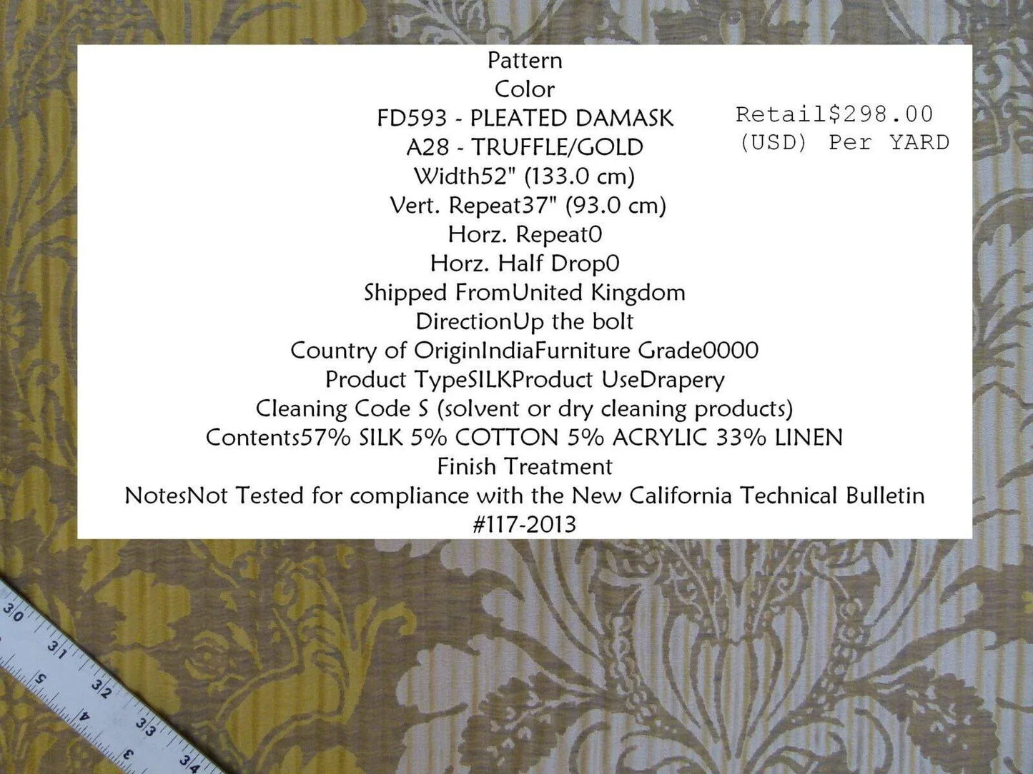 By yard Lee Jofa Mulberry Home Pleated Damask Truffle Gold Yellow Brown Floral Wide Stripe Silk MSRP USD 298/Y