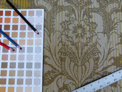 By yard Lee Jofa Mulberry Home Pleated Damask Truffle Gold Yellow Brown Floral Wide Stripe Silk MSRP USD 298/Y