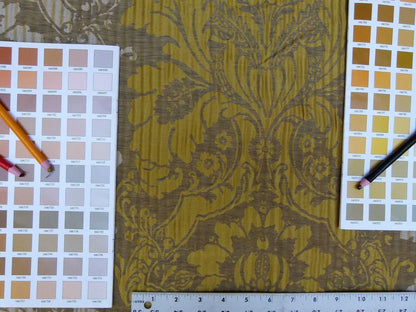 By yard Lee Jofa Mulberry Home Pleated Damask Truffle Gold Yellow Brown Floral Wide Stripe Silk MSRP USD 298/Y