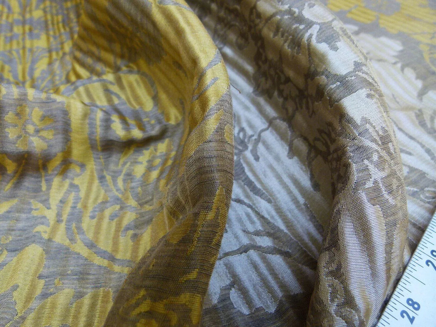 By yard Lee Jofa Mulberry Home Pleated Damask Truffle Gold Yellow Brown Floral Wide Stripe Silk MSRP USD 298/Y