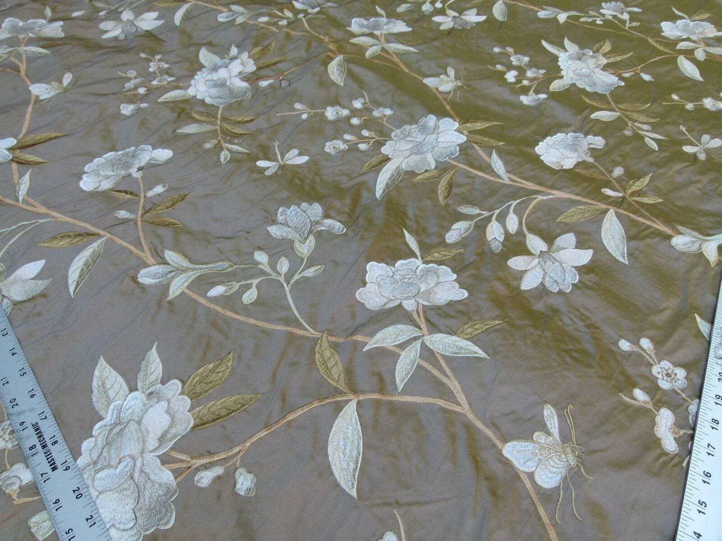 By Yard GP &amp; J Baker Peony &amp; Blossom Silk Embroidered Bronze Cream Butterfly MSRP USD 396/Y