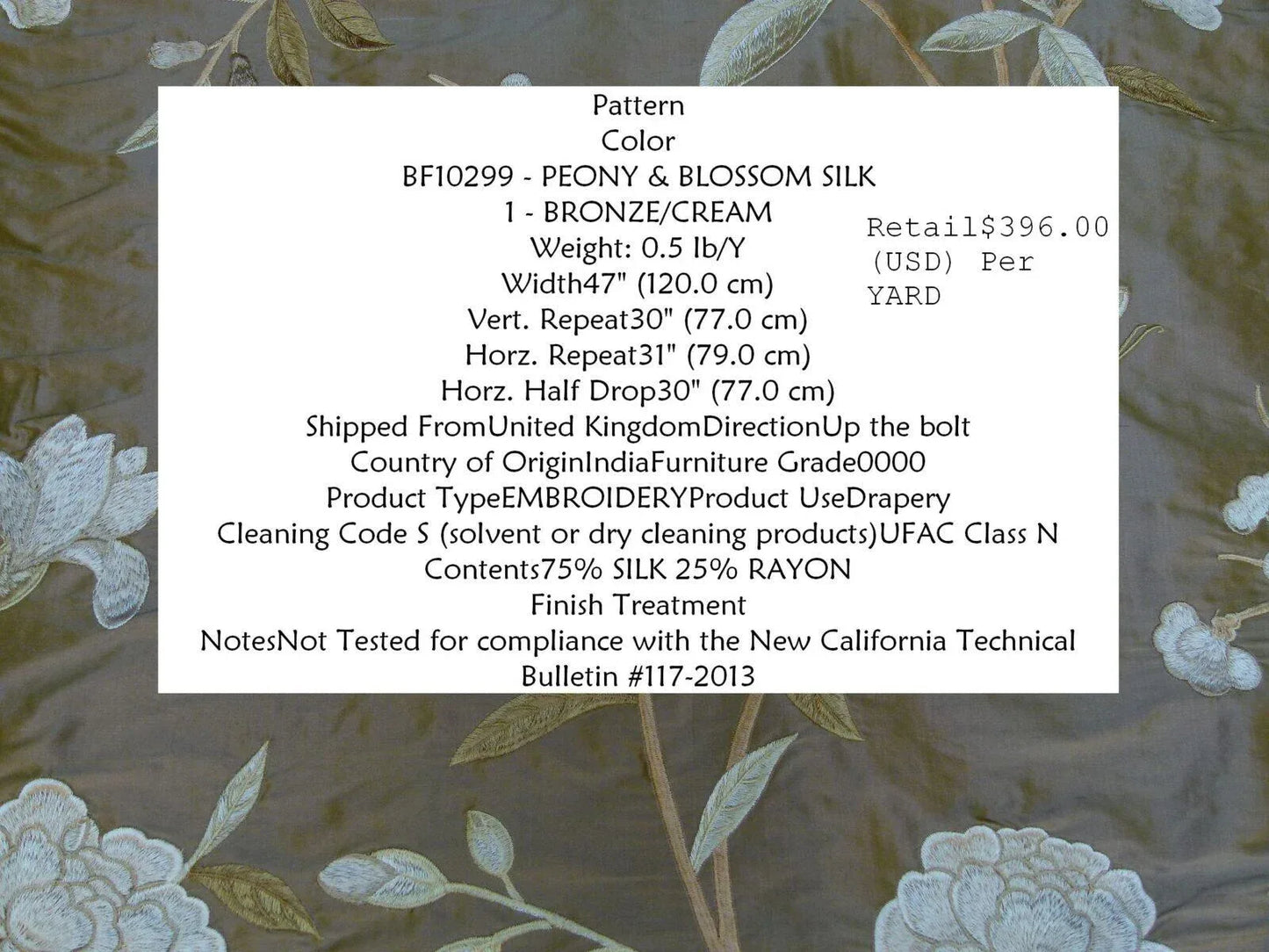 By Yard GP &amp; J Baker Peony &amp; Blossom Silk Embroidered Bronze Cream Butterfly MSRP USD 396/Y