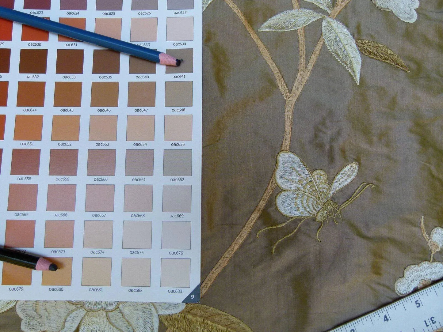 By Yard GP &amp; J Baker Peony &amp; Blossom Silk Embroidered Bronze Cream Butterfly MSRP USD 396/Y