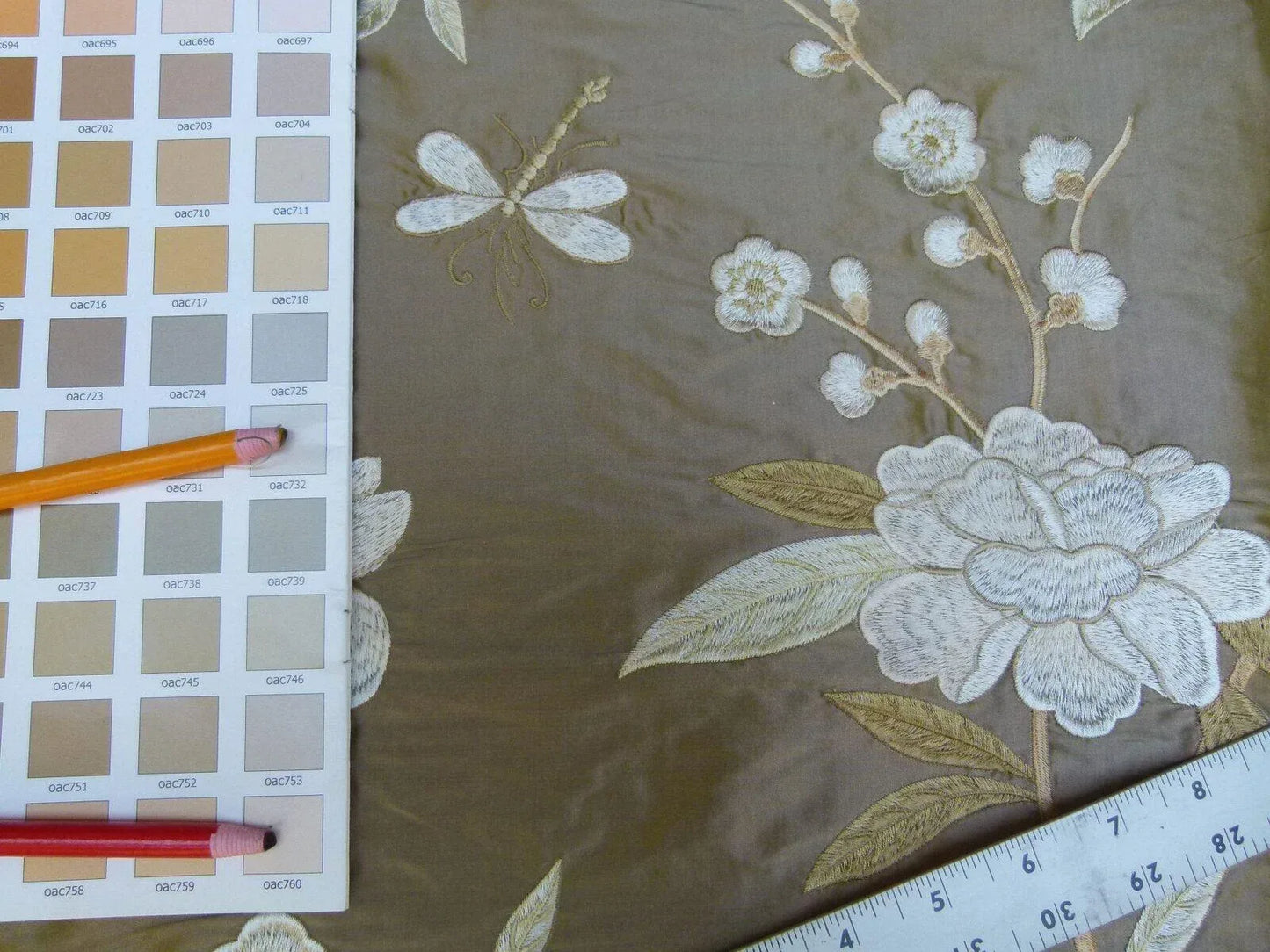 By Yard GP &amp; J Baker Peony &amp; Blossom Silk Embroidered Bronze Cream Butterfly MSRP USD 396/Y