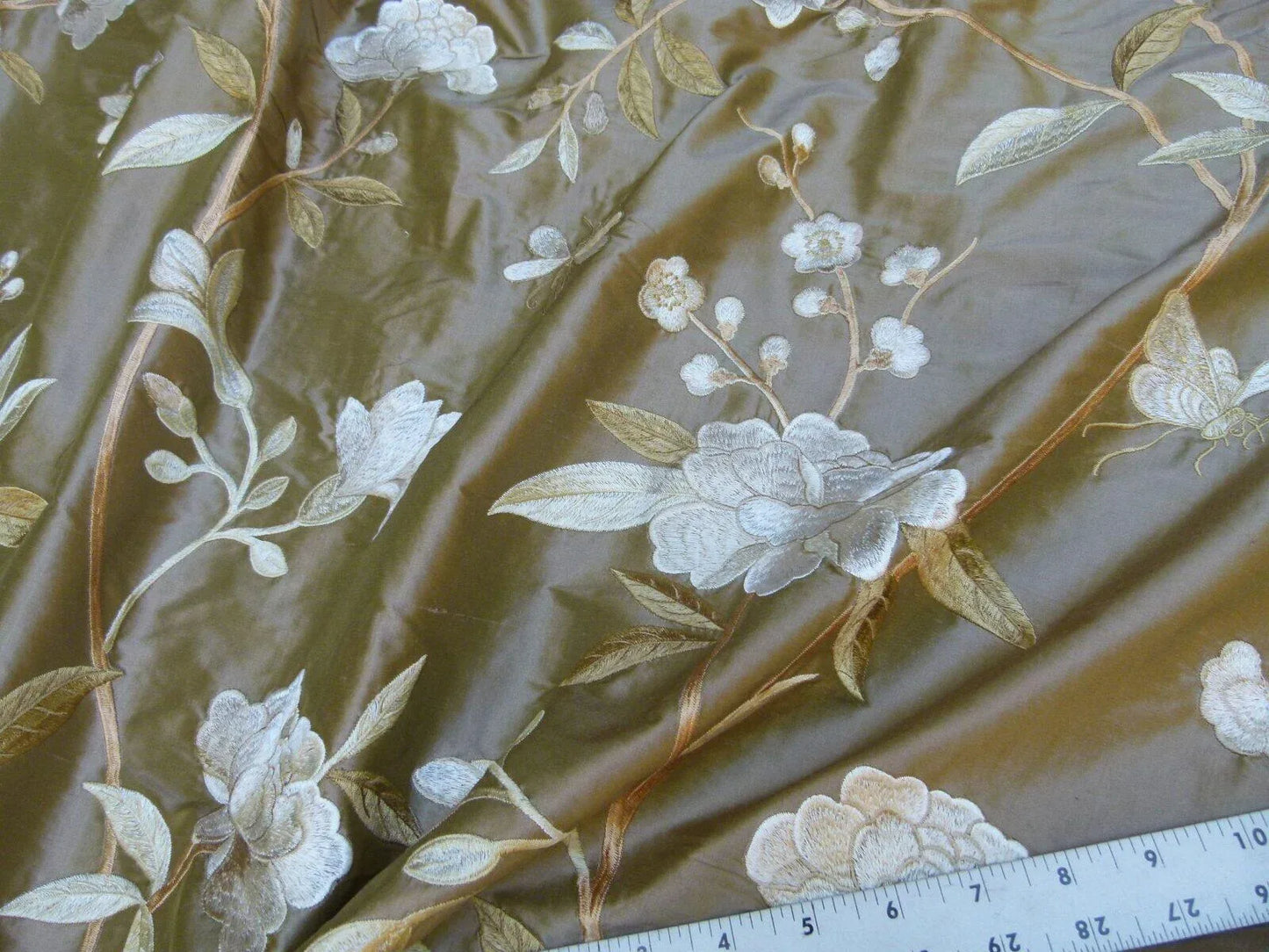 By Yard GP &amp; J Baker Peony &amp; Blossom Silk Embroidered Bronze Cream Butterfly MSRP USD 396/Y