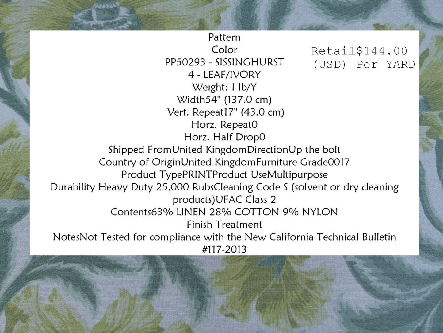 Lee Jofa Sissinghurst Giant Poppy Art &amp; Crafts Art Nouveau Leaf Ivory English Garden MSRP 144/y