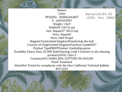 Lee Jofa Sissinghurst Giant Poppy Art &amp; Crafts Art Nouveau Leaf Ivory English Garden MSRP 144/y