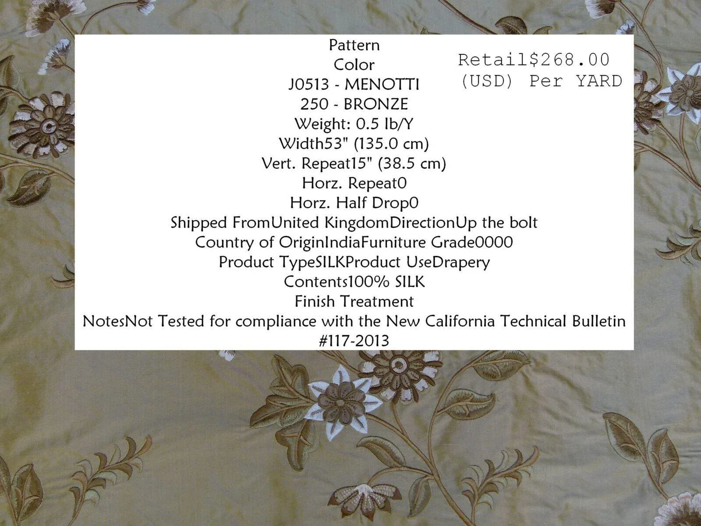 By Yard Gp&amp;j Baker Menotti Bronze 100% Silk Embroidered Flora Vine Art Nouveau MSRP USD 268