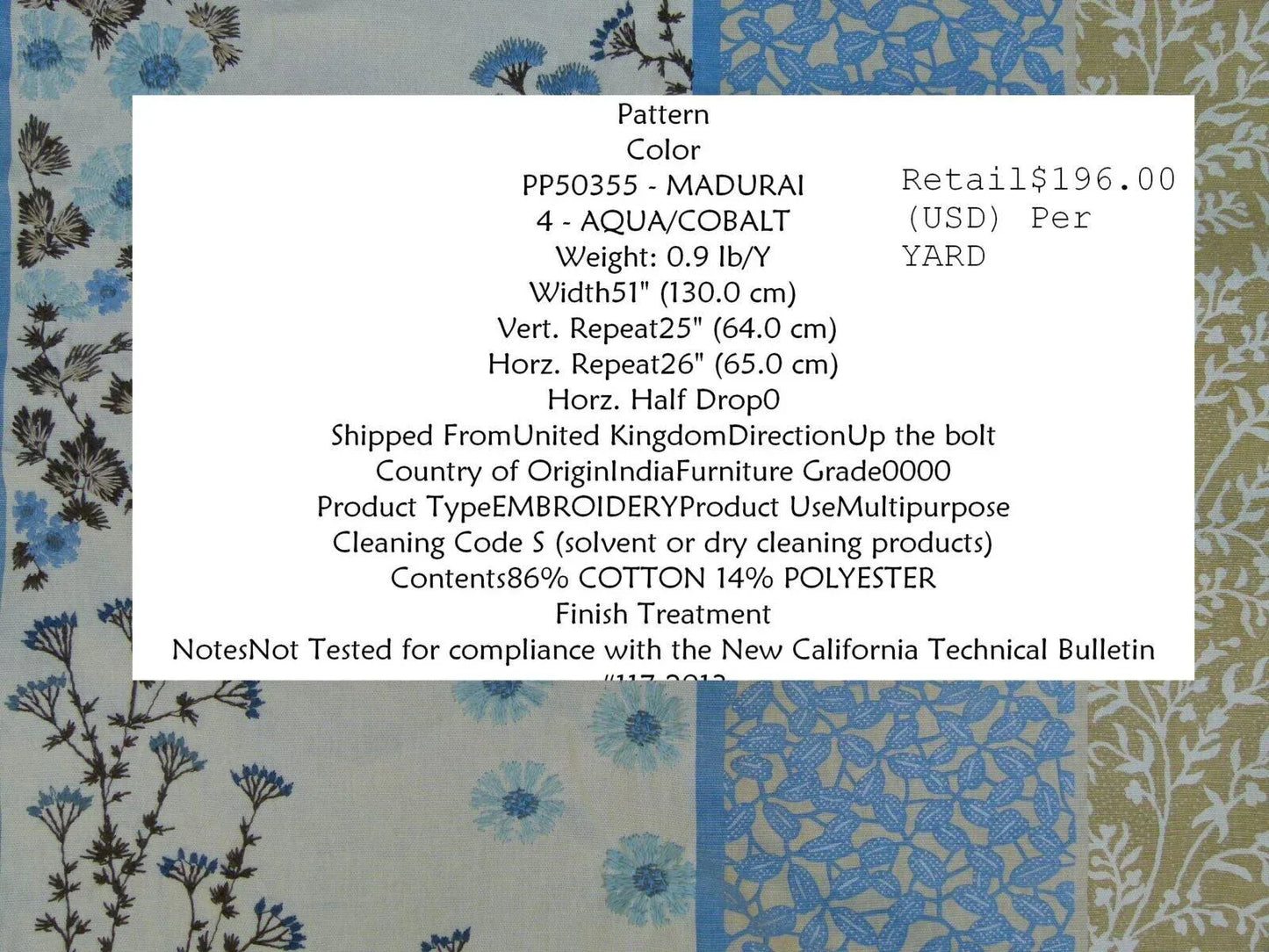 Gp & Baker Lifestyle Madurai Aqua/cobalt Blue Floral Embroidery Stripe Cotton MSRP US196/y