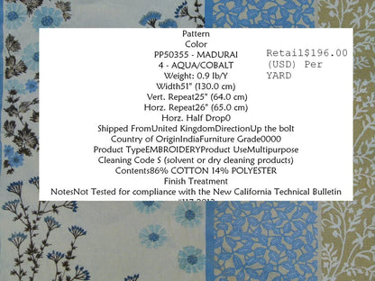 Gp & Baker Lifestyle Madurai Aqua/cobalt Blue Floral Embroidery Stripe Cotton MSRP US196/y