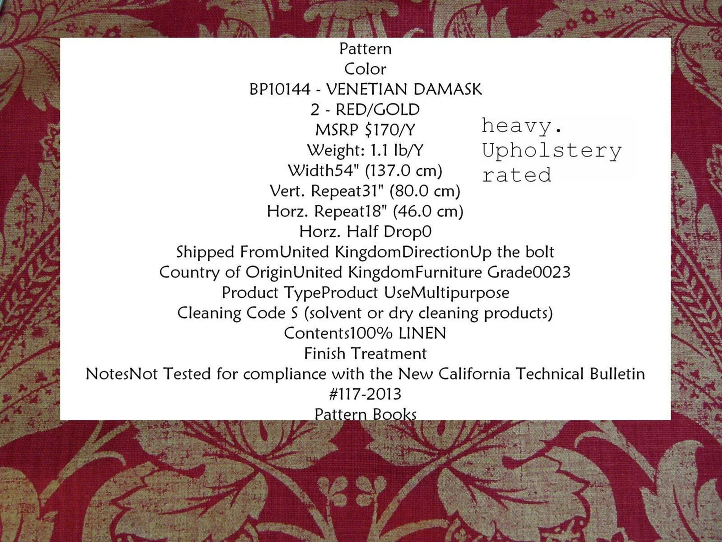 By Yard GP &amp; J Baker Lee Jofa Venetian Damask Red Gold Linen Print Renaissance Pomegranate Rose MSRP USD 170