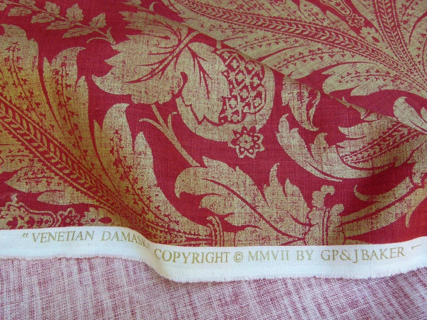 By Yard GP &amp; J Baker Lee Jofa Venetian Damask Red Gold Linen Print Renaissance Pomegranate Rose MSRP USD 170