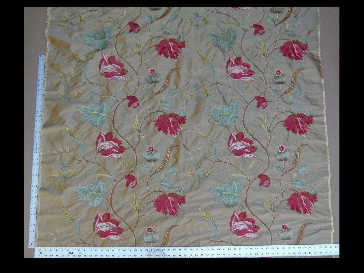 By Yard Gp&amp;j Baker Tulip Tree Silk Embroidery Red Gold Large Scale MSRP USD 298Y