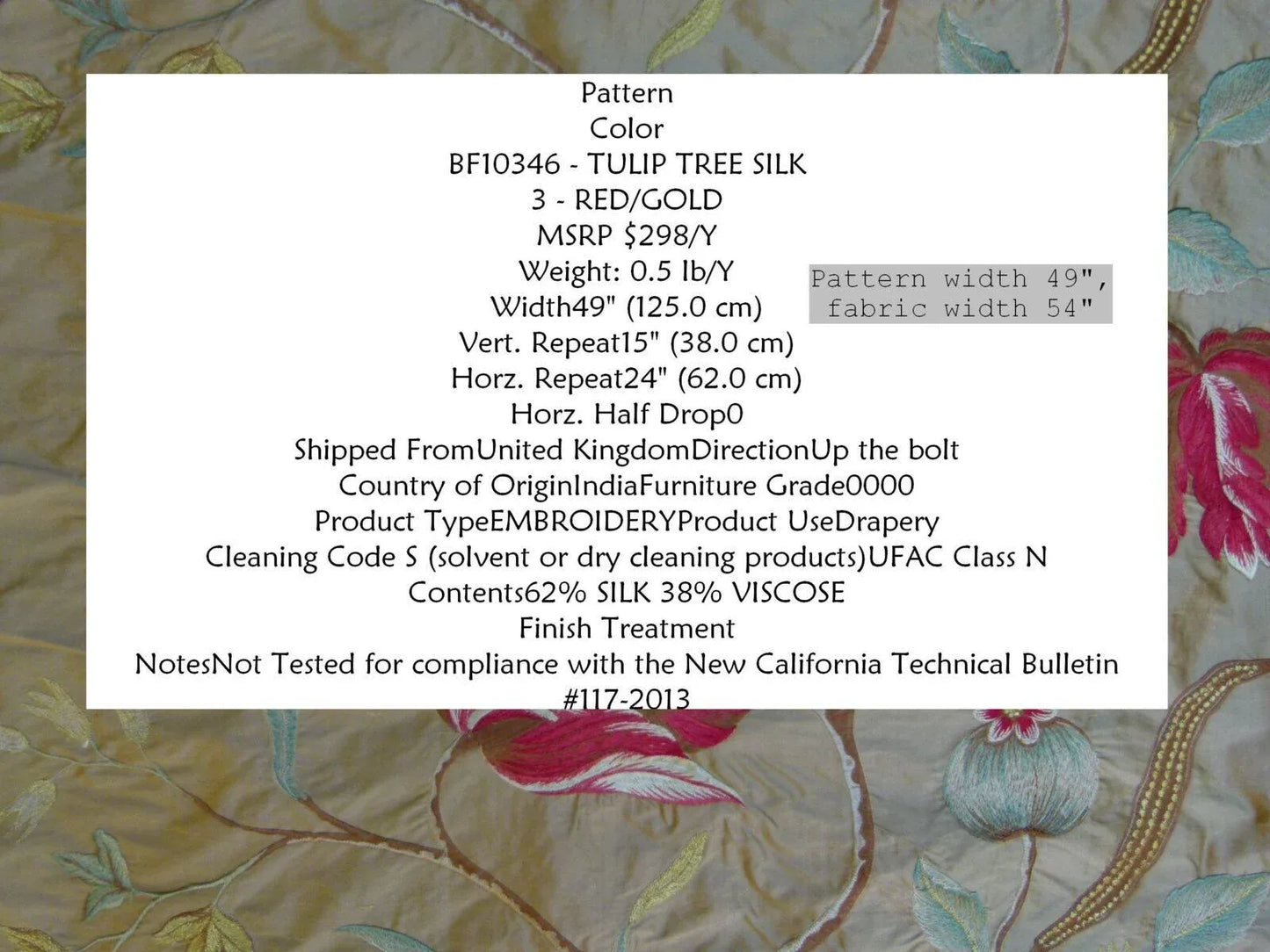 By Yard Gp&amp;j Baker Tulip Tree Silk Embroidery Red Gold Large Scale MSRP USD 298Y