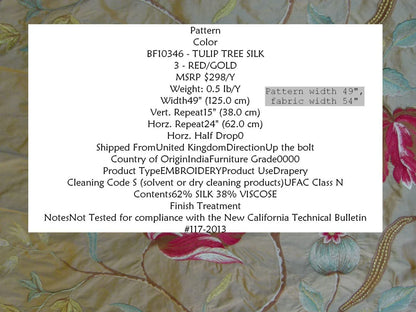By Yard Gp&amp;j Baker Tulip Tree Silk Embroidery Red Gold Large Scale MSRP USD 298Y