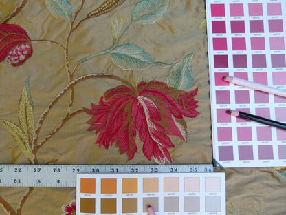 By Yard Gp&amp;j Baker Tulip Tree Silk Embroidery Red Gold Large Scale MSRP USD 298Y